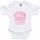 Small but the boss tekst baby rompertje roze/wit meisjes - Kraamcadeau - Babykleding