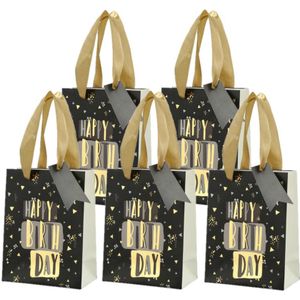 Set van 12x stuks papieren verjaardag giftbags/cadeau tasjes Happy Birthday zwart 11 x 14 x 6 cm - cadeau tassen