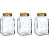 Pasabahce Voorraadpot/bewaarpot Square - 3x - glas - 1,5L - transparant/goud - D10 x H19 cm - voedsel bewaren