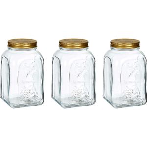 Pasabahce Voorraadpot/bewaarpot Square - 3x - glas - 1,5L - transparant/goud - D10 x H19 cm - voedsel bewaren