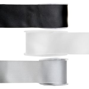 Satijn sierlint pakket - zwart/wit/grijs - 2,5 cm x 25 meter - Hobby/decoratie/knutselen - 3x rollen