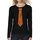 Bellatio Decorations Verkleed shirt dames - stropdas paillet oranje - zwart - carnaval - longsleeve