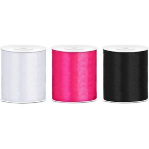 3x rollen satijnlint zwart-wit-fuchsia roze 10 cm x 25 meter - Hobby cadeaulint sierlint