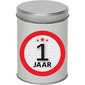 Cadeau/kado zilver rond blik 1 jaar 13 cm - Snoepblikken - Cadeauverpakking voor verjaardag