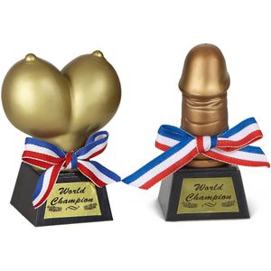 Set van 2x awards/prijzen gouden pik/piemel en borsten - 13 cm - Fun prijzen voor volwassenen
