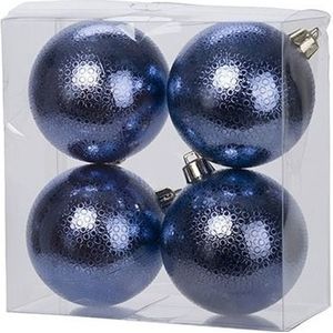 12x Donkerblauwe kunststof kerstballen 8 cm - Cirkel motief - Onbreekbare plastic kerstballen - Kerstboomversiering donkerblauw