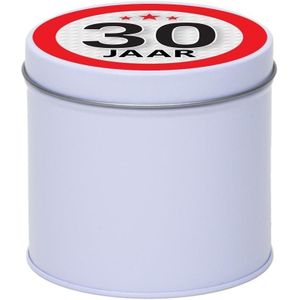 Cadeau/kado wit rond blik 30 jaar 10 cm - Snoepblikken - Cadeauverpakking voor verjaardag/jubileum