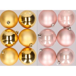 12x stuks kunststof kerstballen mix van goud en lichtroze 8 cm - Kerstversiering