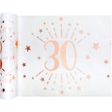 Feest/verjaardag/leeftijd tafelkleed met tafelloper op rol - 30 jaar tekst - wit/rose goud