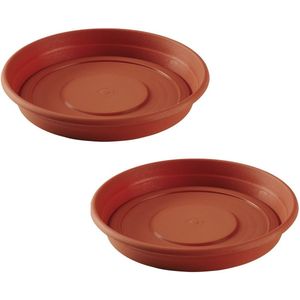 Set van 2x stuks bloempot/plantenpot terra cotta kleur onderschaal/opvangbord kunststof diameter 26 cm.