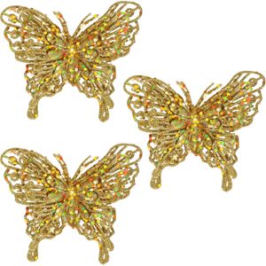 12x Kerstboomversiering op clip vlinders glitter goud 11 cm - kerstfiguren - vlinders