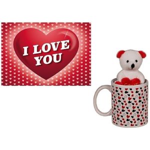 Witte koffie/thee mok met knuffelbeertje en romantische valentijnskaart