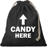 1x Canvas tasje Halloween/ Sint Maarten Candy Here zwart met koord 25 x 30 cm - Snoeptasje Sint Maarten/Halloween