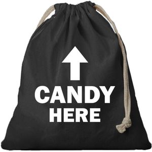 1x Canvas tasje Halloween/ Sint Maarten Candy Here zwart met koord 25 x 30 cm - Snoeptasje Sint Maarten/Halloween