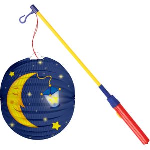 Bol lampion maan - donker blauw - 22 cm - papier - met lampionstokje - 40 cm