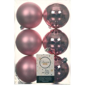 24x stuks kunststof kerstballen lippenstift roze 8 cm - Mat/glans - Onbreekbare plastic kerstballen