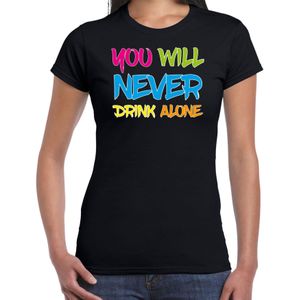 Bellatio Decorations Foute party t-shirt dames - you will never drink alone - zwart -carnaval