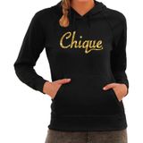 Chique glitter goud tekst hoodie zwart dames- zwarte fun sweater/trui met capuchon