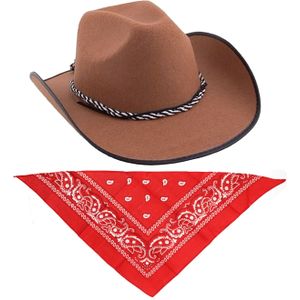 Funny Fashion - Carnaval verkleed set cowboyhoed bruin met rode hals zakdoek