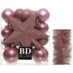 Kerstversiering kunststof kerstballen 5-6-8 cm met ster piek en folieslingers pakket oud roze van 35x stuks - Kerstboomversiering