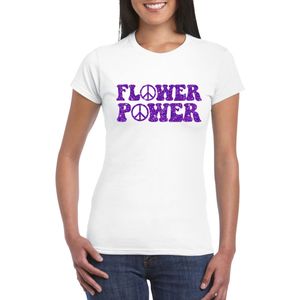 Wit Flower Power t-shirt peace tekens met paarse letters dames - Sixties/jaren 60 kleding