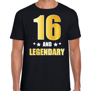 16 and legendary verjaardag cadeau t-shirt / shirt - zwart - gouden en witte letters - voor heren - 16 jaar  / outfit