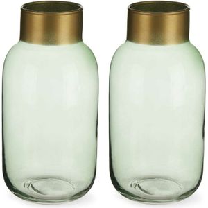 Giftdecor - Bloemenvazen 2x stuks - Glas - groen/goud - 12 x 24 cm