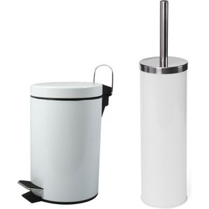 MSV Toiletborstel in houder/pedaalemmer set Napoli - metaal - wit