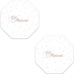 24x stuks Ramadan Mubarak thema bordjes wit/rose goud 18 cm - Suikerfeest/offerfeest decoraties