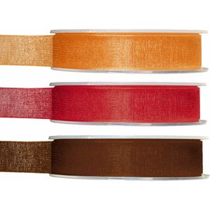 Satijn sierlint pakket - bruin/oranje/rood - 1,5 cm x 20 meter - Hobby/decoratie/knutselen - 3x rollen