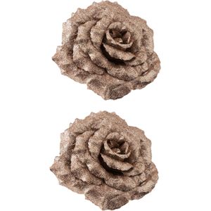 3x stuks decoratie bloemen roos champagne glitter op clip 18 cm - Decoratiebloemen/kerstboomversiering/kerstversiering