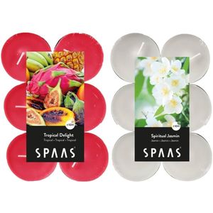 Candles by Spaas geurkaarsen - 24x stuks in 2 geuren Jasmin en Tropical delight - Maxi theelichtjes