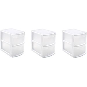 Set van 3x stuks ladeblokken/bureau organizers met 2 lades wit/transparant - 39 x 29 x 40 cm - Ladeblokken/organiserss kantoorartikelen/benodigdheden