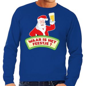 Foute kersttrui / sweater  voor heren - blauw - Dronken Kerstman met biertje