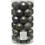 74x stuks kunststof kerstballen mix zwart en antraciet grijs 6 cm - Onbreekbare kerstballen - Kerstversiering