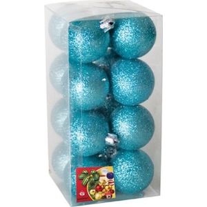 Gerim Kerstballen - 16 stuks - ijsblauw - kunststof - glitters - D5 cm