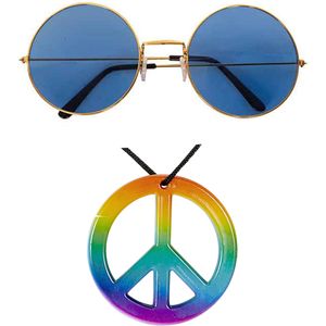 Widmann - Hippie Flower Power verkleed set peace ketting en blauwe party bril