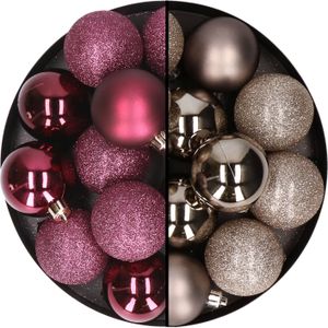 24x stuks kunststof kerstballen mix van aubergine en champagne 6 cm - Kerstversiering