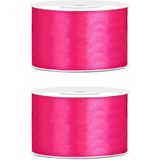 2x Hobby/decoratie donker roze satijnen sierlinten 3,8 cm/38 mm x 25 meter - Cadeaulint satijnlint/ribbon - Donker roze linten - Hobbymateriaal benodigdheden - Verpakkingsmaterialen