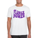 Toppers Wit Flower Power t-shirt met paarse letters heren - Sixties/jaren 60 kleding