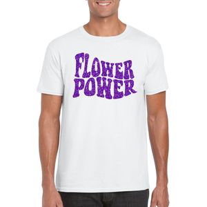 Wit Flower Power t-shirt met paarse letters heren - Sixties/jaren 60 kleding