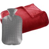 Fleece deken/plaid Rood 130 x 180 cm en een warmwater kruik 2 liter