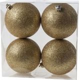 4x Gouden kunststof kerstballen 10 cm - Glitter - Onbreekbare plastic kerstballen - Kerstboomversiering goud