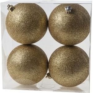 4x Gouden kunststof kerstballen 10 cm - Glitter - Onbreekbare plastic kerstballen - Kerstboomversiering goud