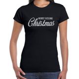 Foute Kerst t-shirt - Merry Fucking Christmas - zilver / glitter - zwart - dames - kerstkleding / kerst outfit
