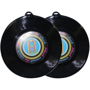 2x Plastic LP grammofoonplaat/platen muziek thema wanddecoratie 48 cm - feestartikelen en versieringen