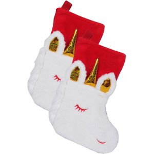 Kerstsokken - 2 stuks - eenhoorn - rood met goud - polyester - 45 cm