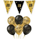 18 jaar verjaardag versiering pakket zwart/goud vlaggetjes/ballonnen