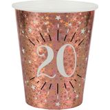 Verjaardag feest bekertjes en bordjes leeftijd - 20x - 20 jaar - rose goud - karton