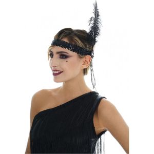 Chaks Charleston hoofdband - met pauwen veer en kraaltjes - zwart - dames - jaren 20 thema
